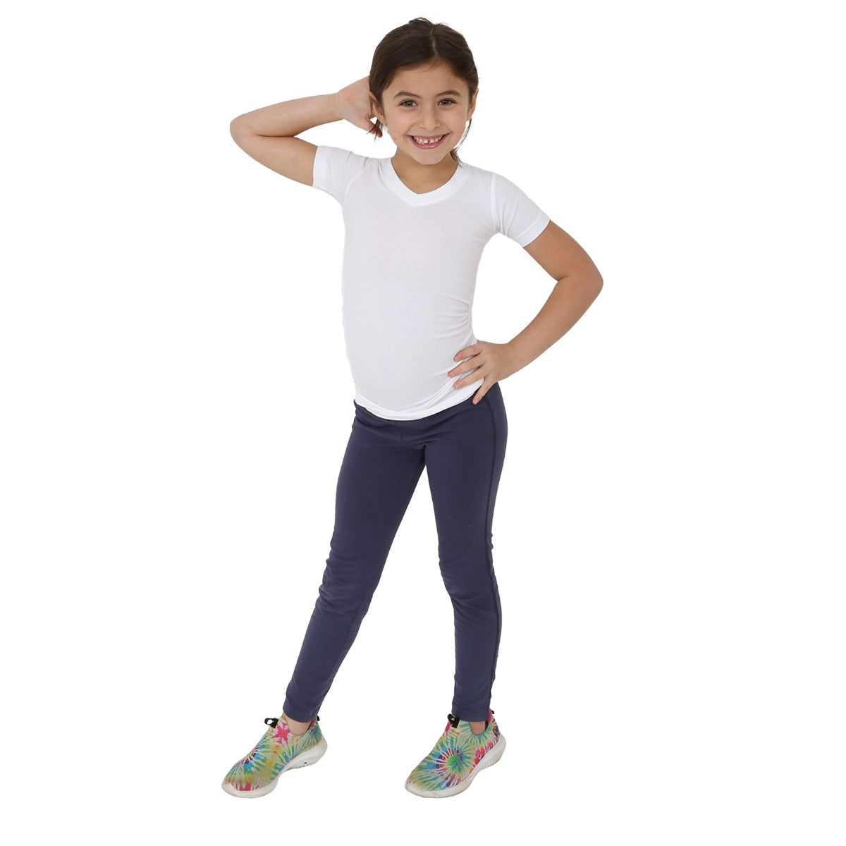 Girl smiling while wearing the V-Neck Hug Tee