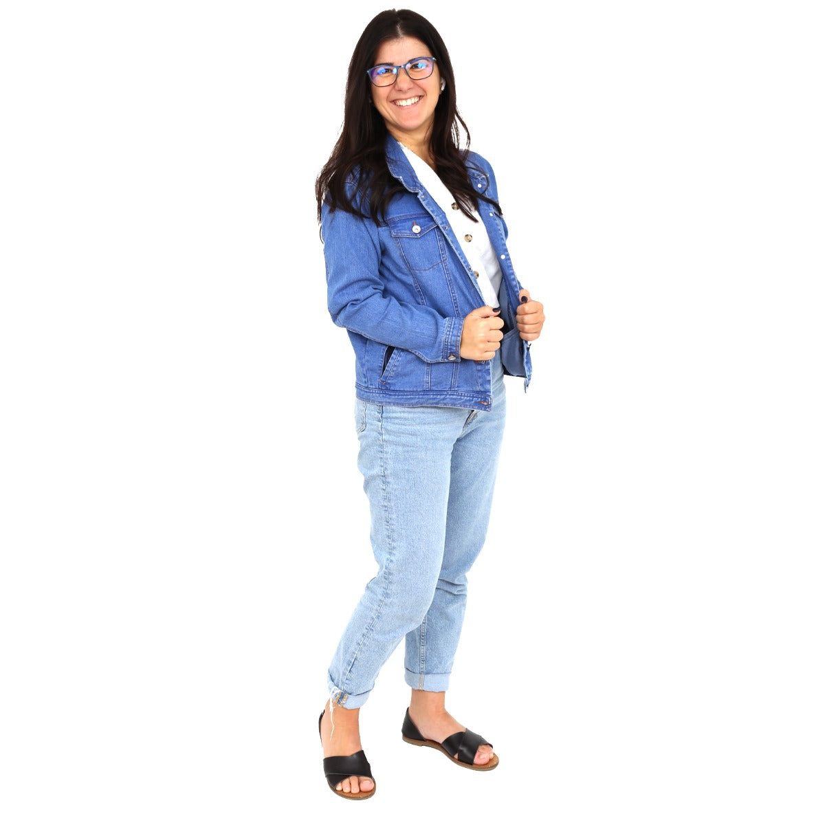 Woman smiling while wearing Weighted Denim Jacket