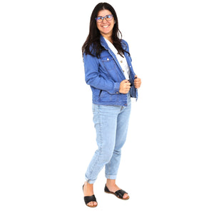 Woman smiling while wearing Weighted Denim Jacket