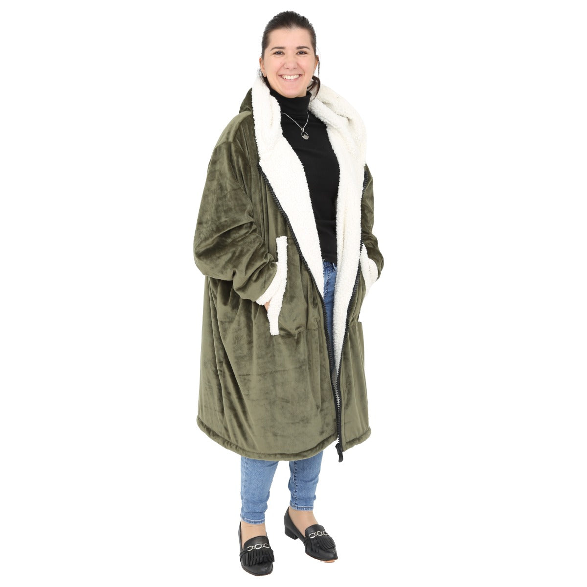 Woman smiling wearing the Bear Hug Hoodie