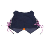 Navy vest with mustard and purple pocket flaps, silver snaps, white buttons, orange zipper and purple laces