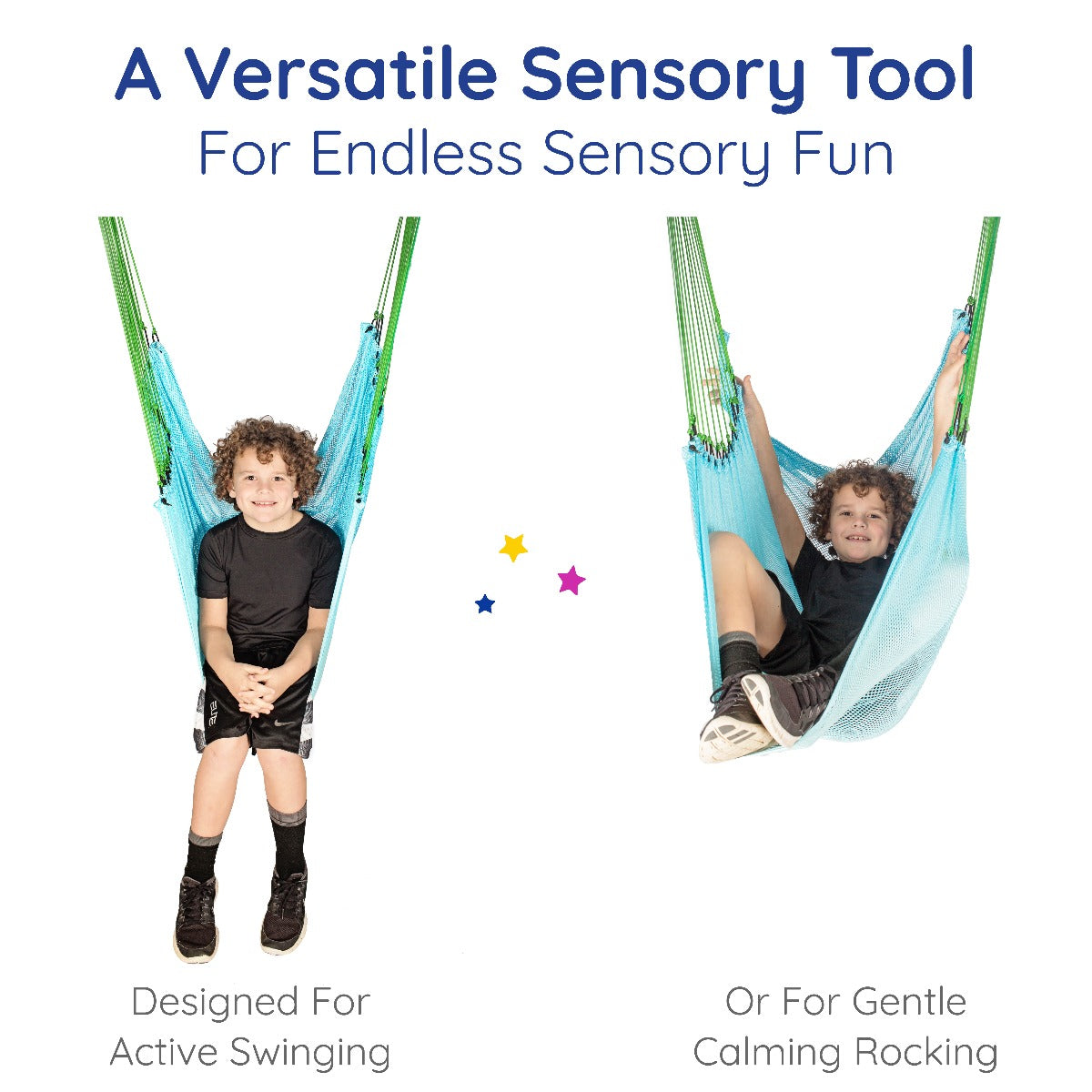 Boy smiling while using the Mesh Therapy Swing