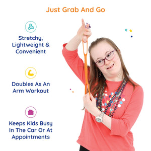 Girl holding the Stretch Me Chair Fidget in the color orange