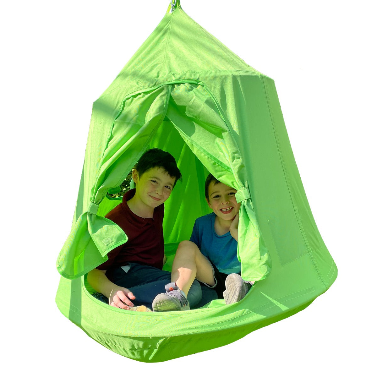 two boys sitting inside the green Play Tent Swing