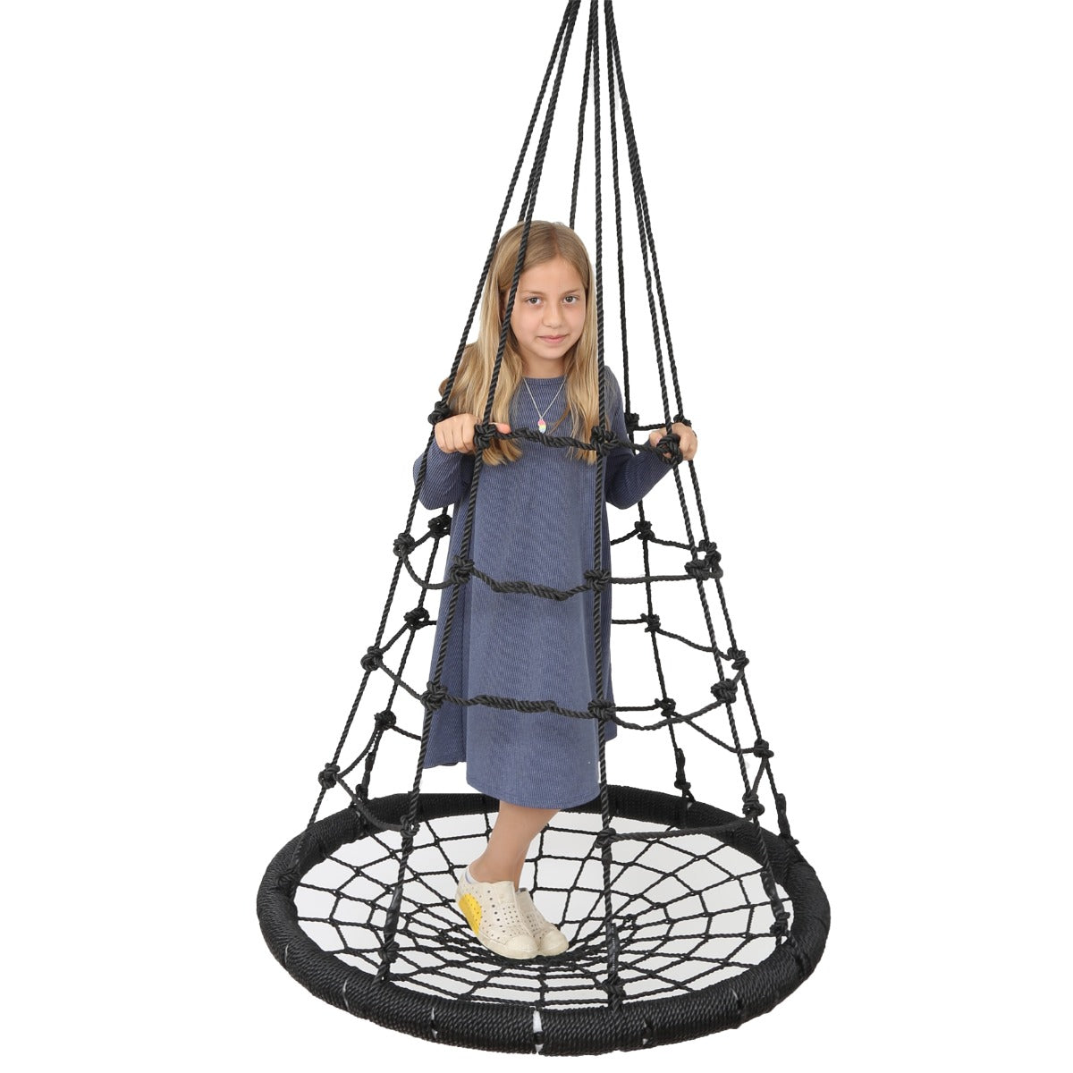girl standing on the black Web Tower Swing
