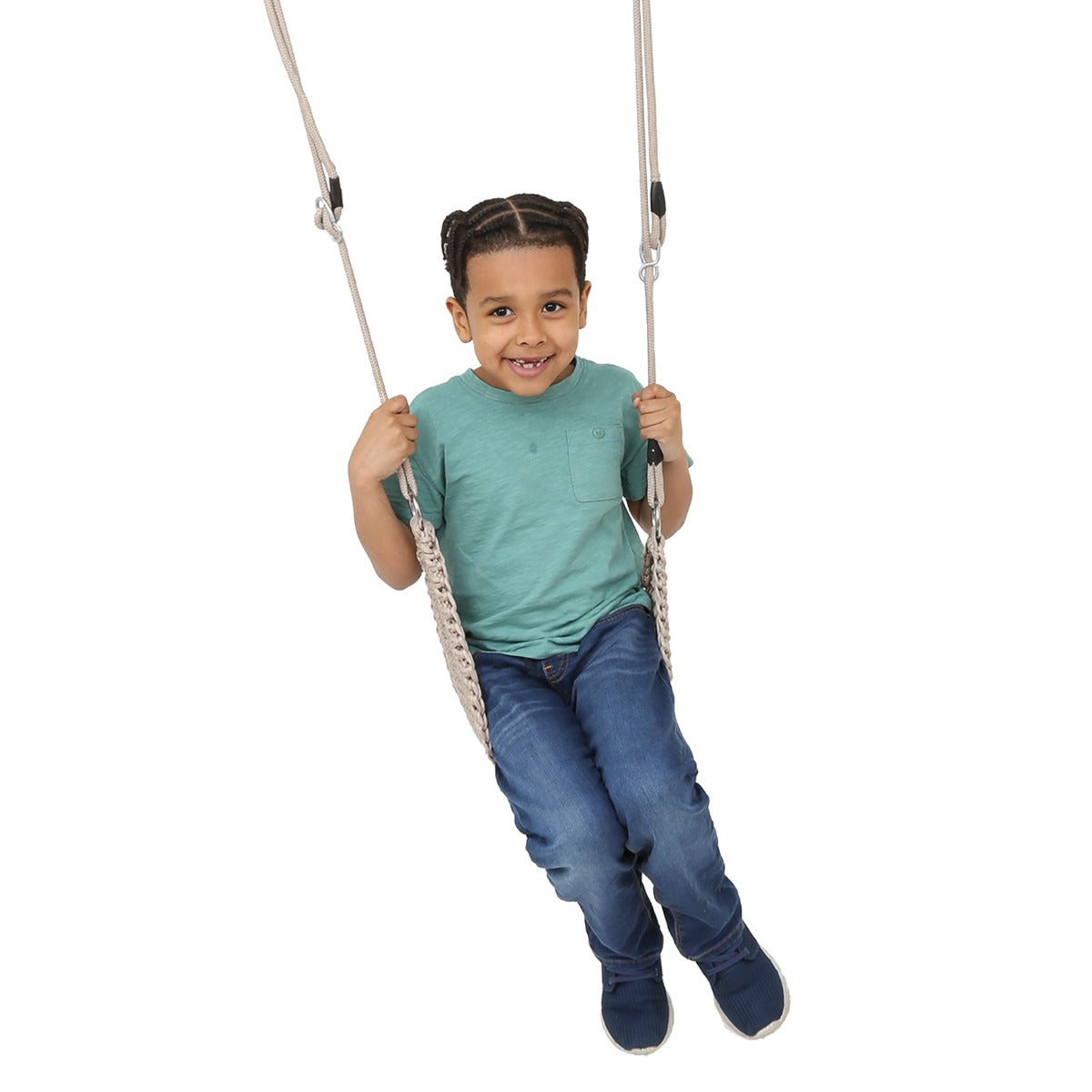 front view of boy swinging on the Macrame Doorway Swing