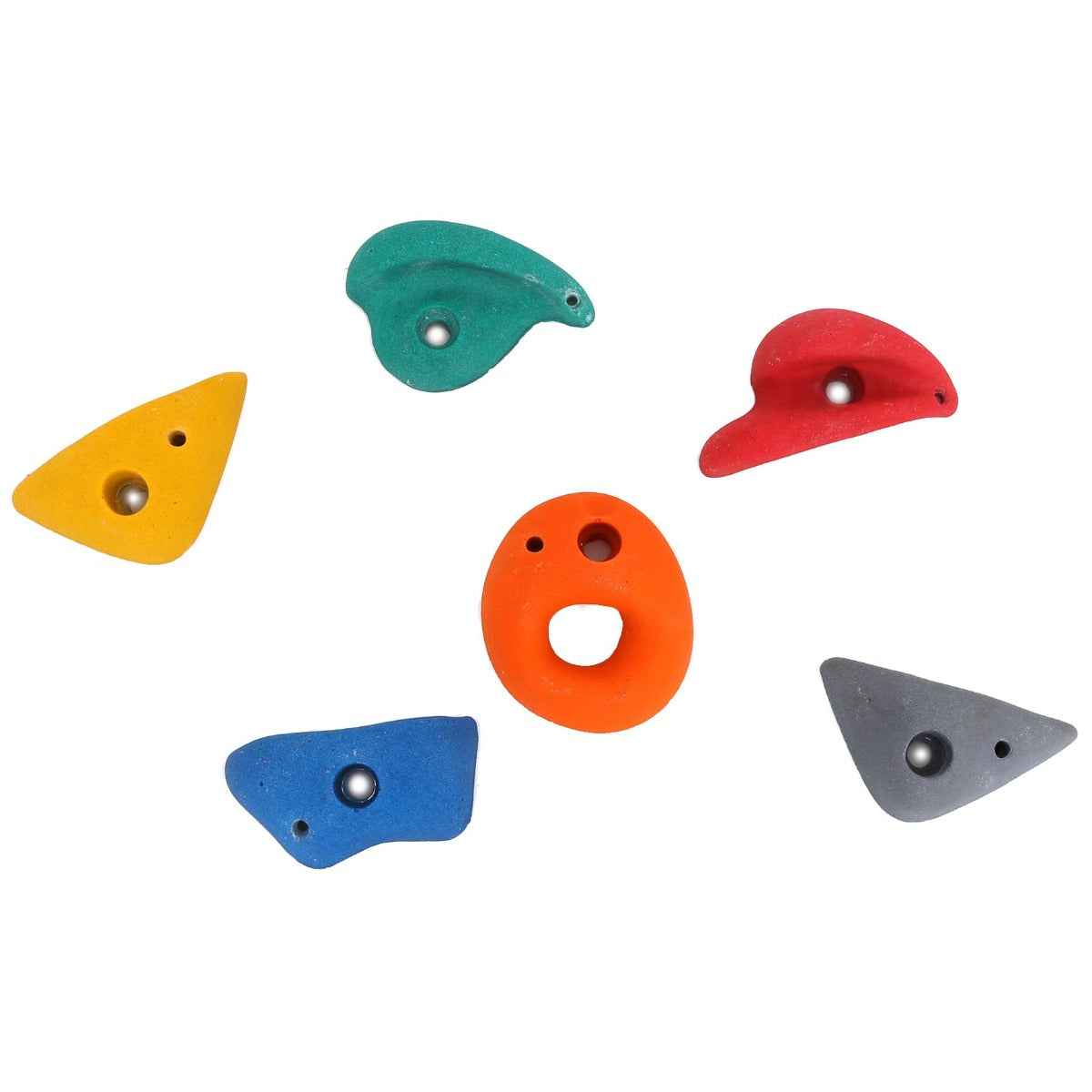 Climbing Holds in Colors: Red, orange, yellow, green, blue and gray