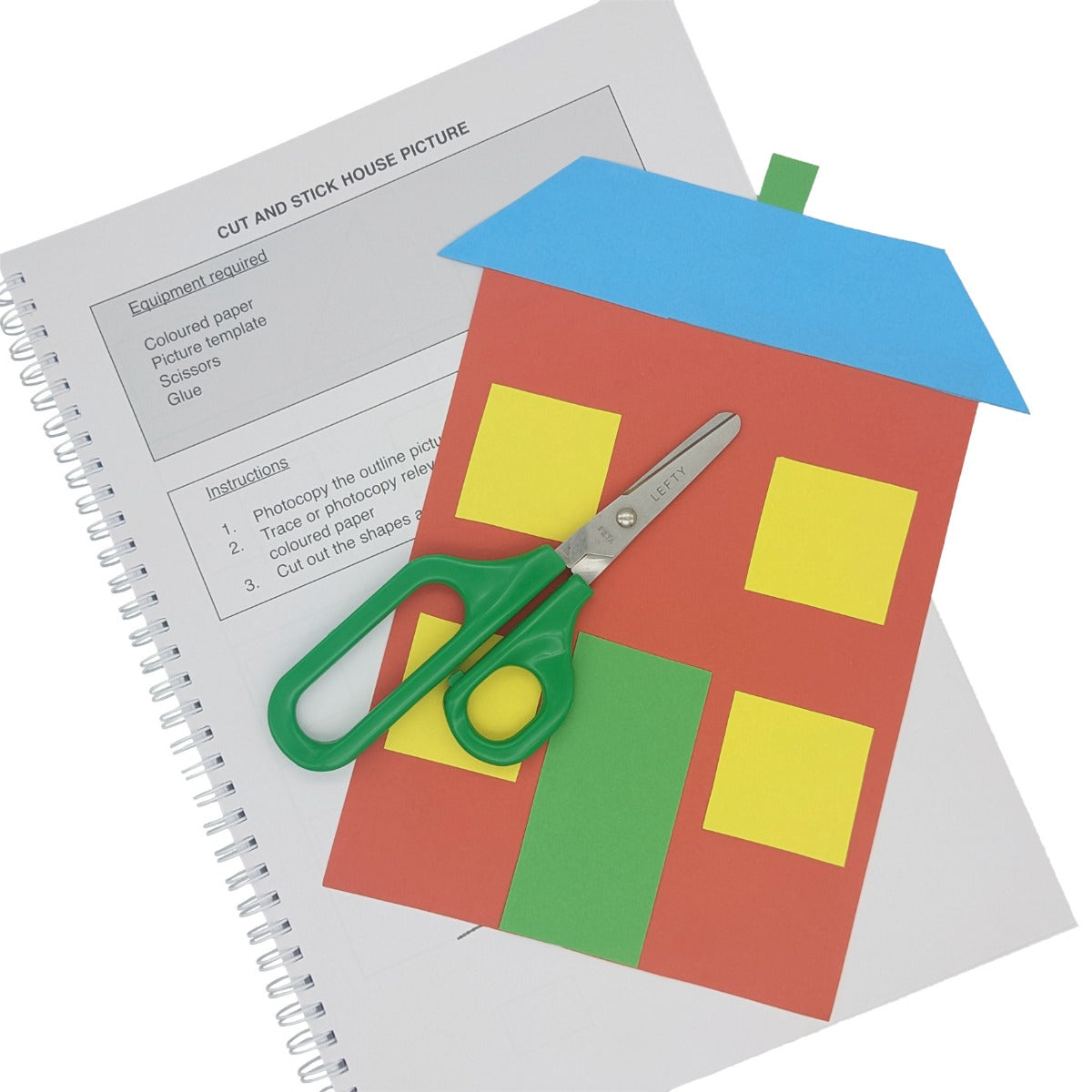 Cut and Stick house picture with the green Easi-Grip Long Loop Self-Opening Scissors