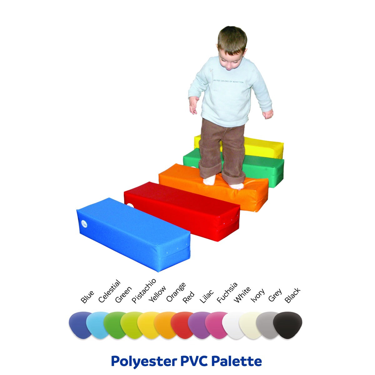 Child stepping on the SensaSoft Density Blocks in different colors and densities for motor skill development