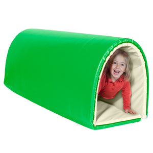 girl playing inside a green Sensasoft Tunnel Mat rolled into a semi‑circular tunnel with white interior