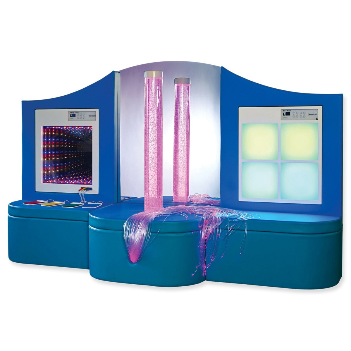Interactive Calming Station in the color blue. Includes a Wall Unit with LED Interactive Infinity Tunnel, Moodlight, Fiber Optic Sideglow and Bubble Tubes