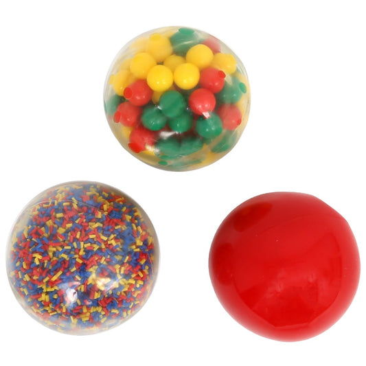 Fidget Balls - Set of 3. Red sand; Clear with red, yellow and blue pellets; Clear with yellow, red and green balls