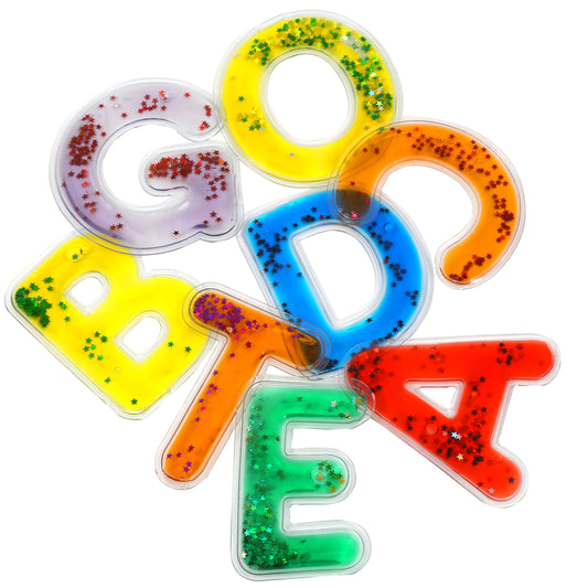 Sensory Gel ABC's Transparent plastic letters. Multi-colored gel and stars.