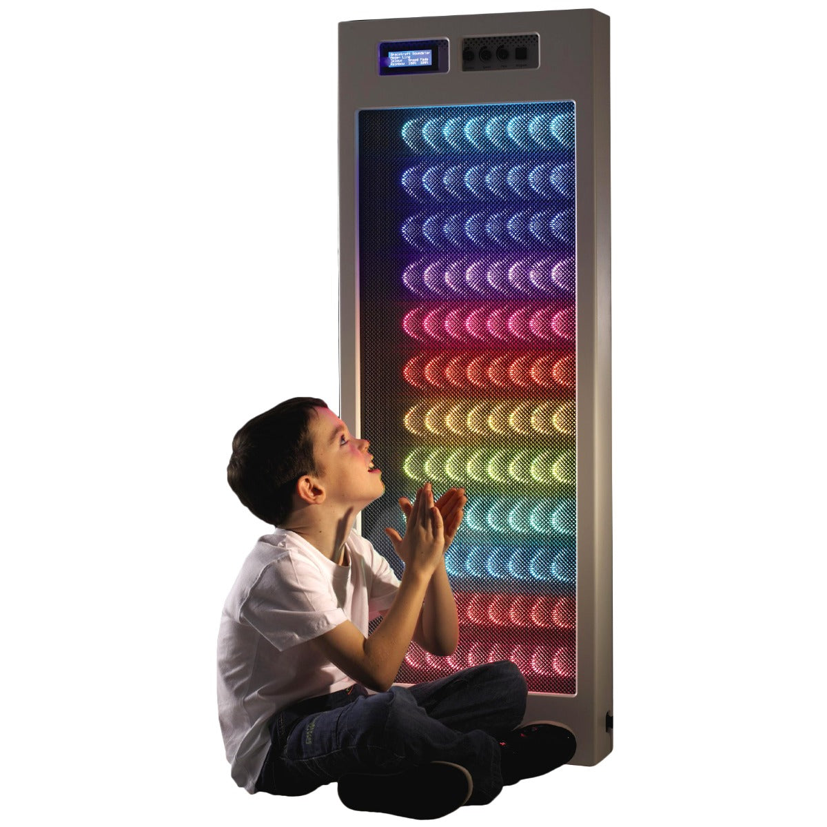 boy clapping while using the Sound Activated Light Up Wall Panel