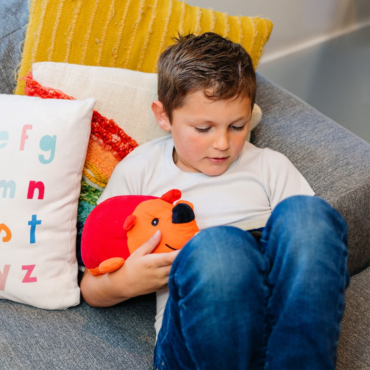 Child reading while holding Hank the Baby Hedgehog - Weighted Plushie