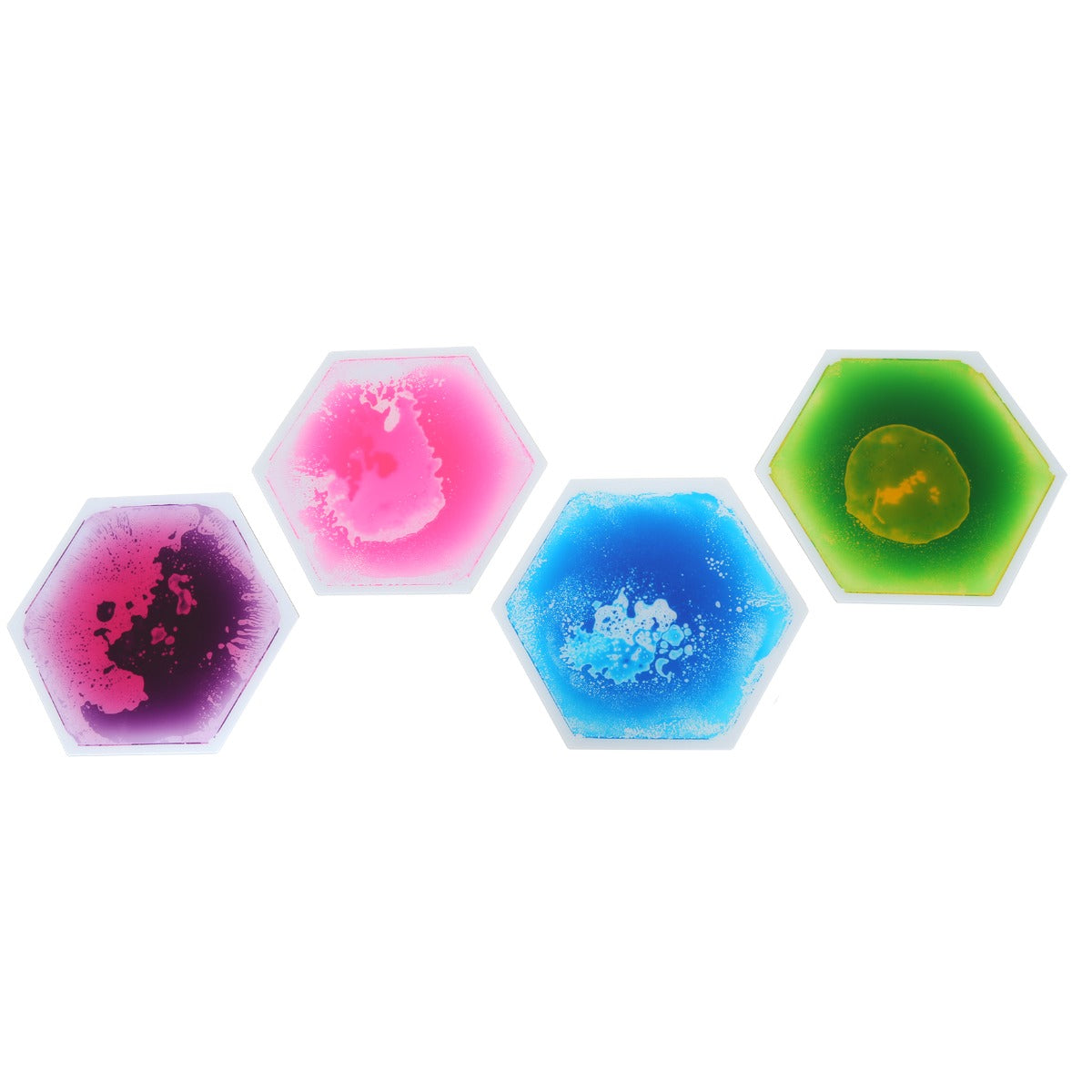 Set of four colorful honeycomb-shaped gel floor tiles for sensory play