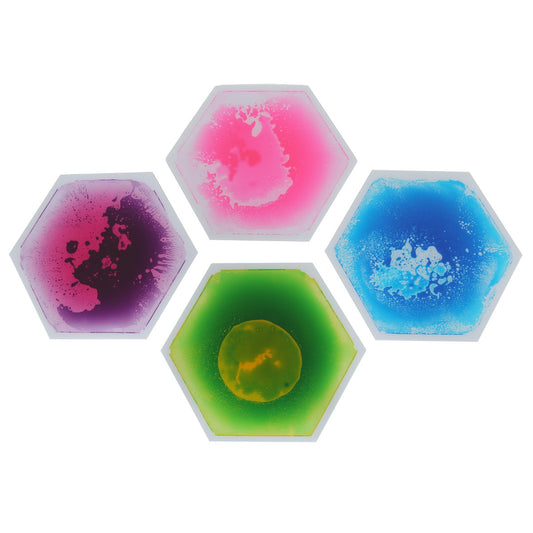 Set of four colorful honeycomb-shaped gel floor tiles for sensory play