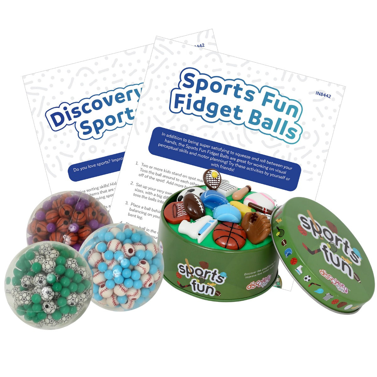 Sports Fun Kit Activity Guide,  3 Fidget Ballsand an open tub of Discovery Putty
