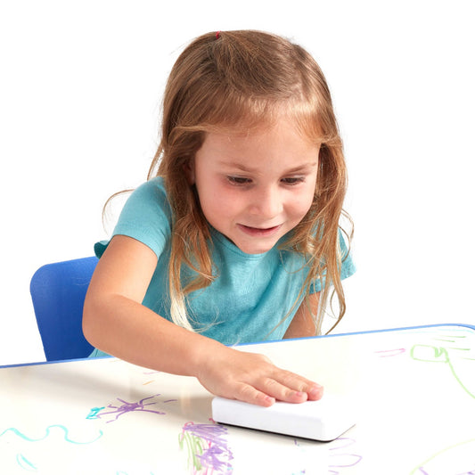 girl using the Adjustable Kids Table and Chairs 3-Piece Blue