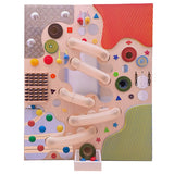 Close up of Ball Run Tactile Panel with ball chutes, roller balls, textured tiles, and mirror