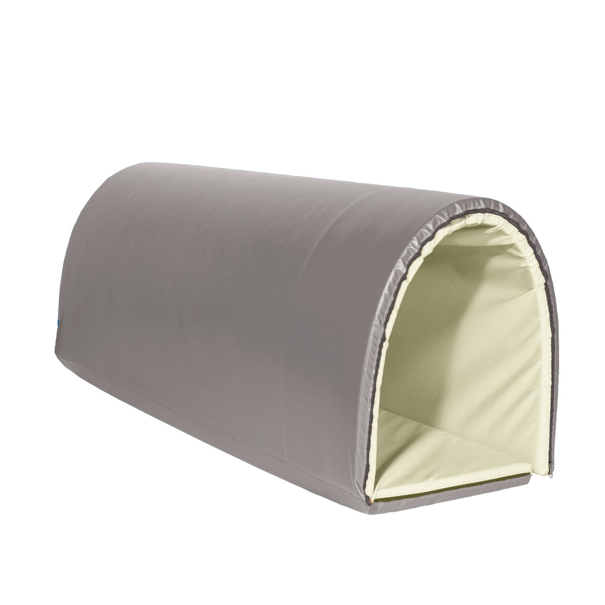 Gray Sensasoft Tunnel Mat rolled into a semi‑circular tunnel withwhite interior