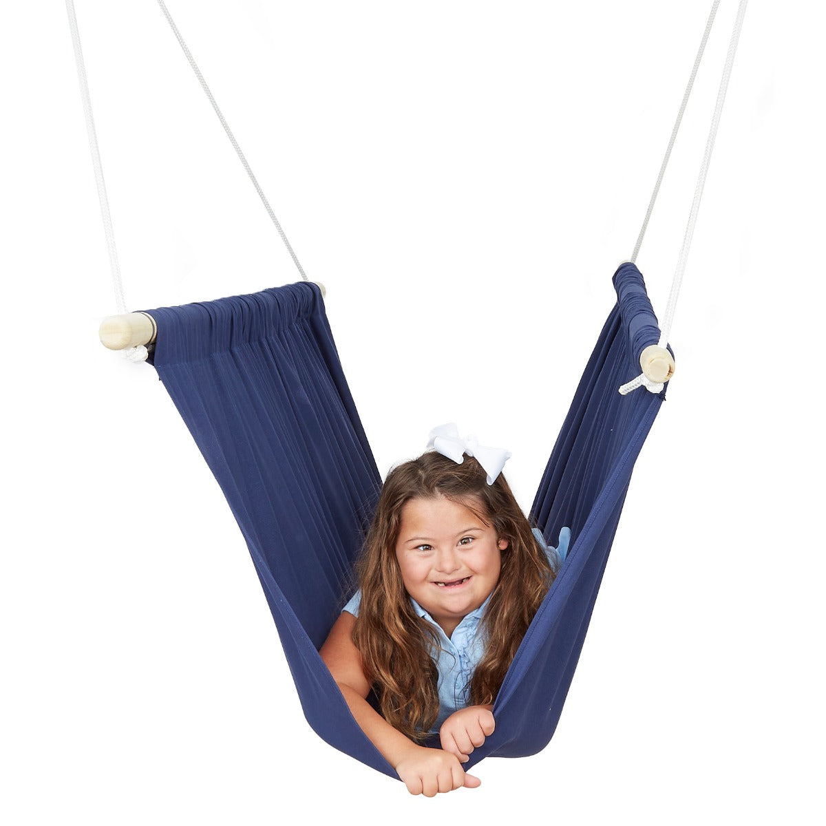 girl lying on front in the blue Soft Taco Swing