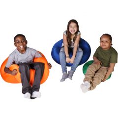 children smiling while sitting on Mushy Smushy Bean Bag Chairs in colors orange, blue and green