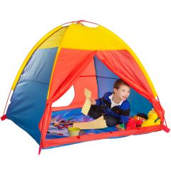 Child coloring happily in the yellow, red and blue Homework Tent