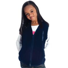 Girl smiling while wearing the blue Weighted Fleece Vest