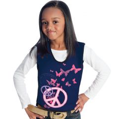 Girl happily wearing the Original Weighted Compression Vest in Navy blue with pink peace graphic and butterflies