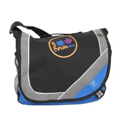Therapist Kit messenger bag, in colors Black and blue, with the Fun and Function logo 