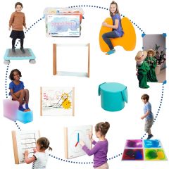 Kids happily using items including Gel Tiles, SensaSoft Squeezie Seat, Concentration Rocker,
Bounce Board, LED Cube, Sensory Wall Panel 