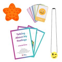 “Let’s Talk About It”  Social Story, orange Starfish Bubble Pop Fidget, Emoji Emotion Cards and an Emoji Chewy Necklace