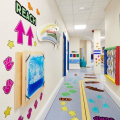 Sensory Hallway set up with with Sensory activities on the walls and floor