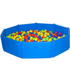 blue Ball pit with blue, red, green and yellow balls inside.