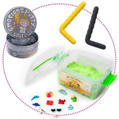 Sensory kit including At the Beach weighted sand, Emotions Putty and CheweLs