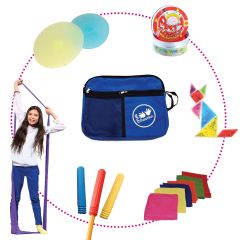 Girl smiling with the Sensory Survival Kit™ - Pencil Toppers, Scarves Set, Putty, Gel Puzzle, Stretch Band, Fidget Brushes